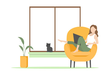 Woman freelancer working on laptop in armchair. Vector illustration.