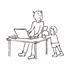 リモートワーク, テレワーク, 在宅, 在宅ワーク, ノートパソコン, 家族, 仕事中, 子供, 息子, 男の子, 人物, 怒る, 男性, オンライン, 断る, PC, 叱る, パソコン, 邪魔, 白バック, 白背景, カット, 挿絵, 素材, イラスト, 揉める, ノートpc, イラストレーション, 父子, 父と子, eps, png, ベクター, 家ワーク, テレワークあるある, 遊ぼう, 遊