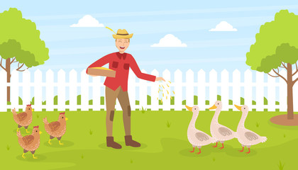 Male Farmer Feeding Poultry, Man Working at Farm, Summer Rural Landscape Vector illustration © topvectors