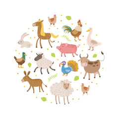 Fototapeta premium Cute Farm Animals Pattern of Round Shape, Greeting Cards, Poster, Banner, Background Design Element Vector Illustration