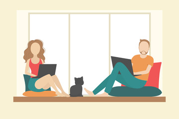 Man and woman sitting on windowsill with laptops. Vector illustration.