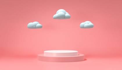 3D illustration podium in cylinder showcase stand and cute cloud, abstract minimal concept with pink background, Geometric shape in pastel color. product presentation and display