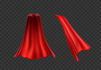 Cape set isolated on transparent background. Red superhero cloak. Vector silk flying super hero cloth.