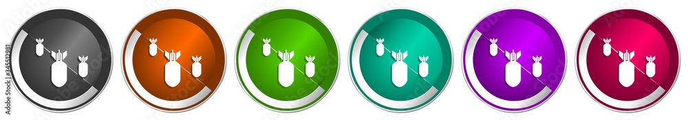 Aufkleber bomb icon set, war, military, weapon silver metallic chrome border vector web buttons in 6 colors op
