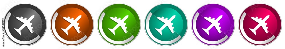Aufkleber flight icon set, plane, aircraf silver metallic chrome border vector web buttons in 6 colors options