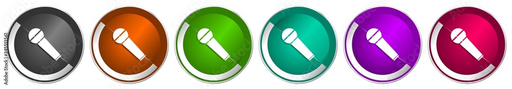 Aufkleber Microphone and music icon set, karaoke silver metallic chrome border vector web buttons in 6 colors options for webdesign