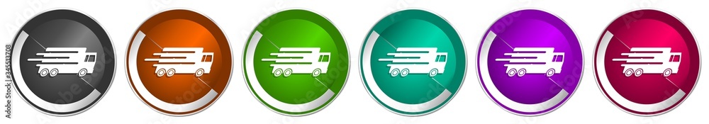 Aufkleber speed transport icon set, fast delivery, truck silver metallic chrome border vector web buttons in 6
