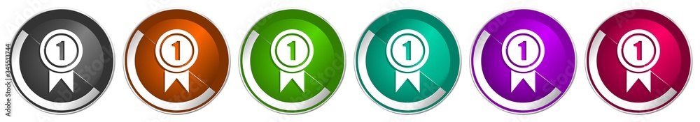 Aufkleber victory icon set, first, winner silver metallic chrome border vector web buttons in 6 colors options