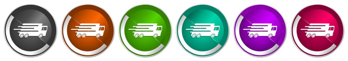 Speed transport icon set, fast delivery, truck silver metallic chrome border vector web buttons in 6 colors options for webdesign