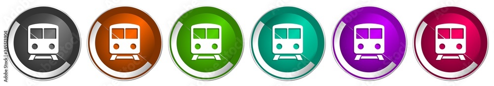 Poster railway icon set, train, subway, transportation silver metallic chrome border vector web buttons in 