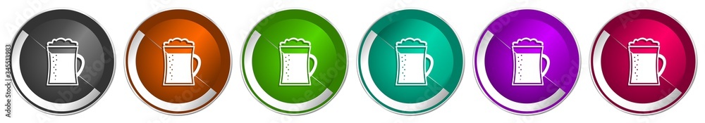 Leinwandbilder beer in mug icon set, lager, drink silver metallic chrome border vector web buttons in 6 colors opti
