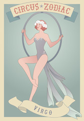 Zodiac Circus. Virgo sign. Young trapeze artist girl sitting on a hoop