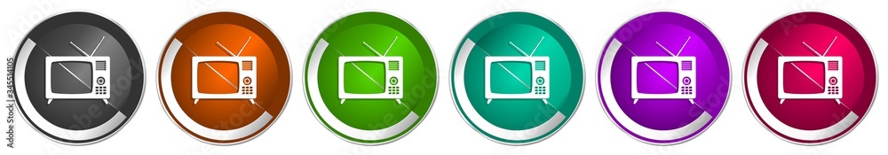 Leinwandbilder retro television icon set, tv and video screen silver metallic chrome border vector web buttons in 6