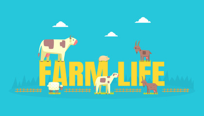 Farm Life Banner Template with Livestock, Farming Agriculture Vector Illustration