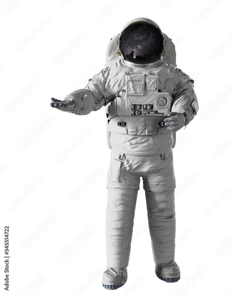 Wall mural astronaut presenting an empty space isolated on white background