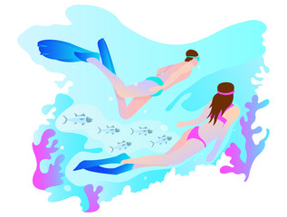 Illustration of two people swimming under water with a very beautiful view