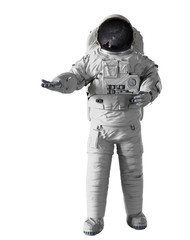 astronaut presenting an empty space isolated on white background