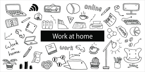Cozy set about quarantine, work at home., stay home, education, freelance. Modern doodle graphic home, business elements for decoration design. Vector illustration.