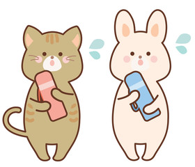 水筒を持って水分補給を促すうさぎと猫　セット