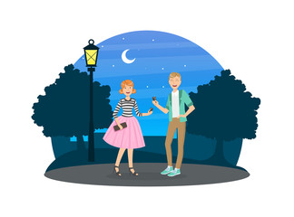Happy Couple in Love Having Date at Night on Nature, Young Women and Men in Fashion Clothing Vector Illustration