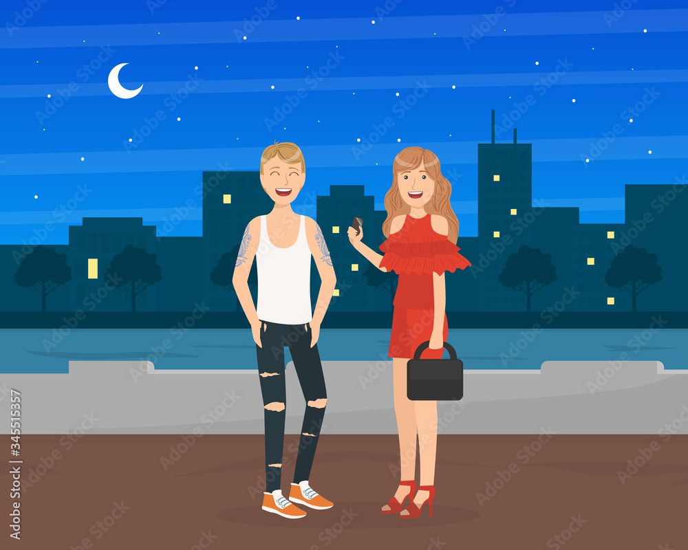 Sticker Happy Couple Having Date in the Night City, Young Woman and Man in Fashion Clothing Talking to Each Other Vector Illustration