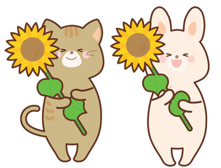 ヒマワリを持ったうさぎと猫　セット
