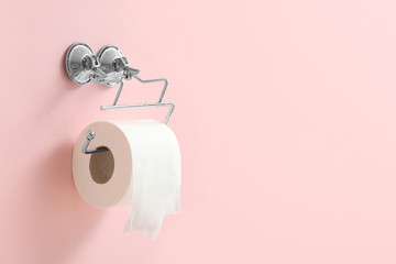 Holder with roll of toilet paper hanging on wall