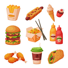 Fast Food Dishes with Drinks and Desserts Collection, Unhealthy Meal, Objects for Cafe or Restaurant Menu Vector Illustration