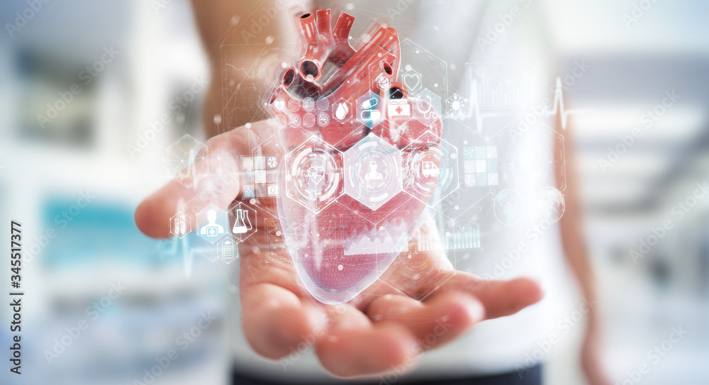 Poster Man using digital x-ray of human heart holographic scan projection 3D rendering