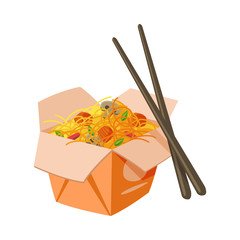 Takeaway Carton Box of Noodles with Vegetables and Chopsticks, Traditional Asian Fast Food Meal Vector Illustration
