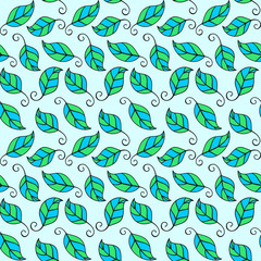 Blue green leaves on a light turquoise background. Vector seamless pattern for wallpaper, wrapping paper, packaging, printing on fabric, textile, clothes, bags and other fashion products. Template