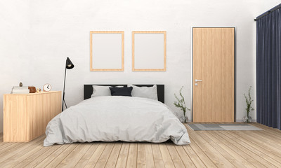 bedroom interior and wooden floor with frame for mockup, 3d rendering