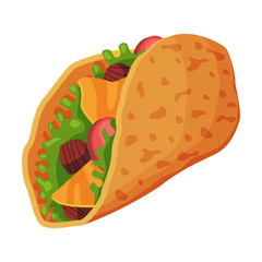 Mexican Taco with Meat and Fresh Vegetables, Fast Food Meal Vector Illustration