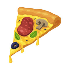 Slice of Pizza with Sausage, Mushrooms and Olives, Fast Food Meal Vector Illustration
