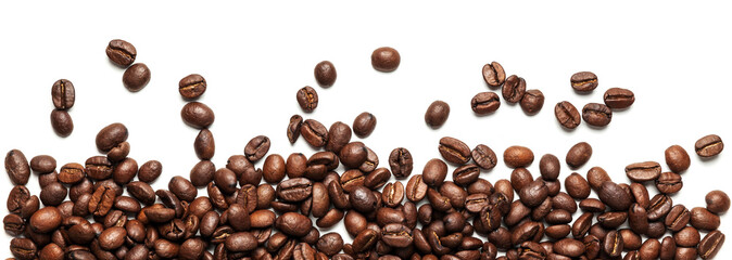 Roasted arabica coffee beans isolated on white background. Group of brown grains.