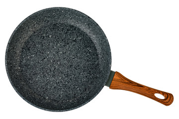 Metal frying pan with non-stick coating on white background