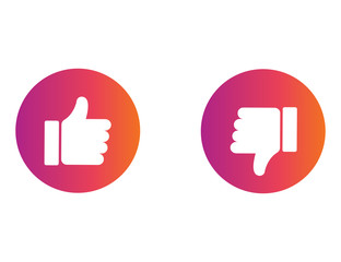 Thumb up and down in colorful gradient design. Ok and negative symbol. Positive or bad choice. Isolated illustration of like or dislike icon. Social button of decision. Insta style. Vector EPS 10. - obrazy, fototapety, plakaty