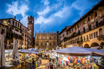 Fototapeta premium View of the Piazza delle Erbe in the evening. Verona, Veneto, Italy