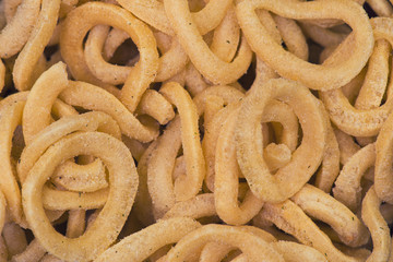 Crispy Potato Chips.
Closeup .Top view , background .