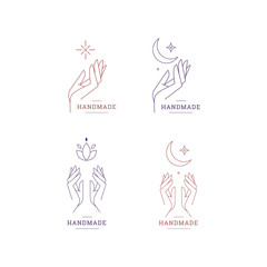 Set of logos for business in the industry of beauty, health, personal hygiene. Beautiful picture of hands. Logo of a beauty salon, health industry, makeup artist, cosmetologist, massage therapist.