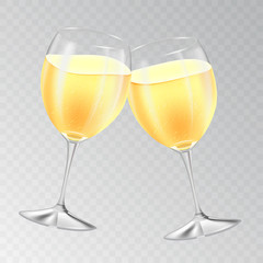 Two klinking glasses of champagne. Realistic Holiday concept isolated on transparent background. Fizzing bubbles. Vector illustration.