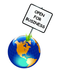 Planet earth open for business sign following the COVID 19 worldwide pandemic isolated on white background