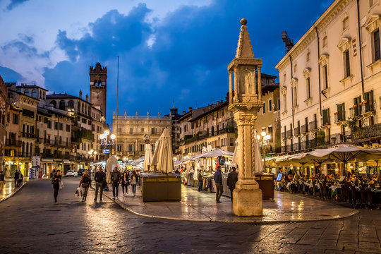 View of the Piazza delle Erbe in the evening. Verona, Veneto, Italy