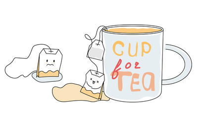 tea, tea bag, tea mug, squeezed, used tea, fright, confusion, friend, sketching, vector illustration, flat illustration - obrazy, fototapety, plakaty