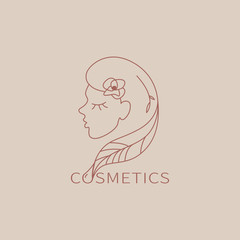 logo for business in the industry of beauty, health, personal hygiene. Beautiful image of a female face. Linear stylized image. Logo of a beauty salon, health industry, makeup artist, cosmetologist.