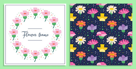 My little flower frame. Little multicolored wildflowers postcard. Flora design elements. Wild life, blooming flowers, botanic. Flat colourful vector illustration isolated on green background.