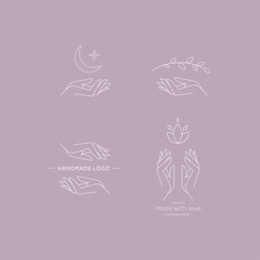 Set of logos for business in the industry of beauty, health, personal hygiene. Beautiful picture of hands. Logo of a beauty salon, health industry, makeup artist, cosmetologist, massage therapist.