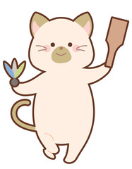 羽子板で羽根つきをする猫