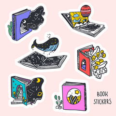 Hand-drawn book stickers. Graphic vector illustration.