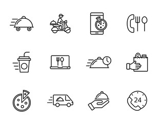 Food delivery linear vector icons isolated on white background. Food delivery outline icon set for web, mobile apps, ui design. Food business concept